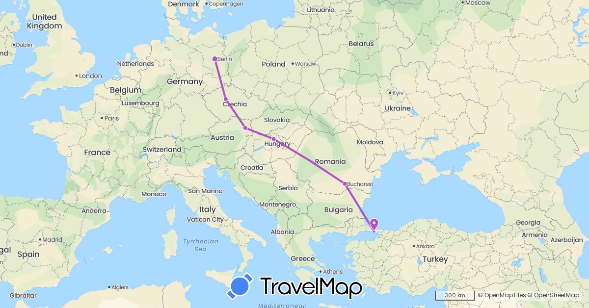 TravelMap itinerary: plane, train in Austria, Czech Republic, Germany, Hungary, Romania, Turkey (Asia, Europe)