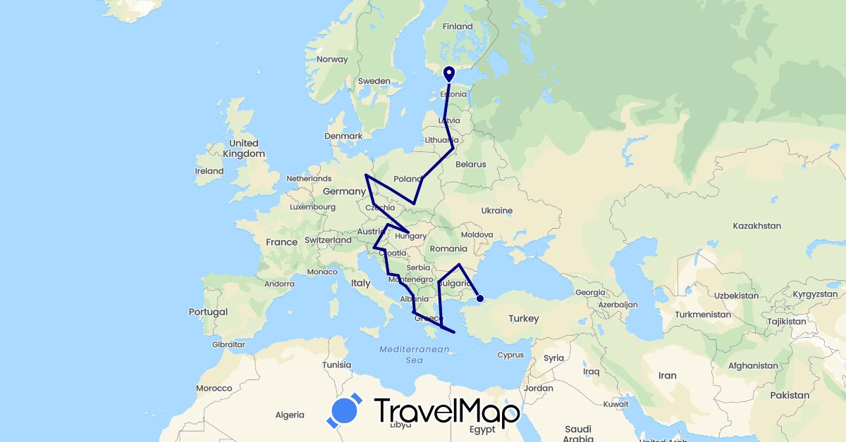 TravelMap itinerary: driving in Albania, Austria, Bosnia and Herzegovina, Bulgaria, Czech Republic, Germany, Estonia, Greece, Croatia, Hungary, Lithuania, Latvia, Montenegro, Poland, Romania, Slovenia, Turkey (Asia, Europe)
